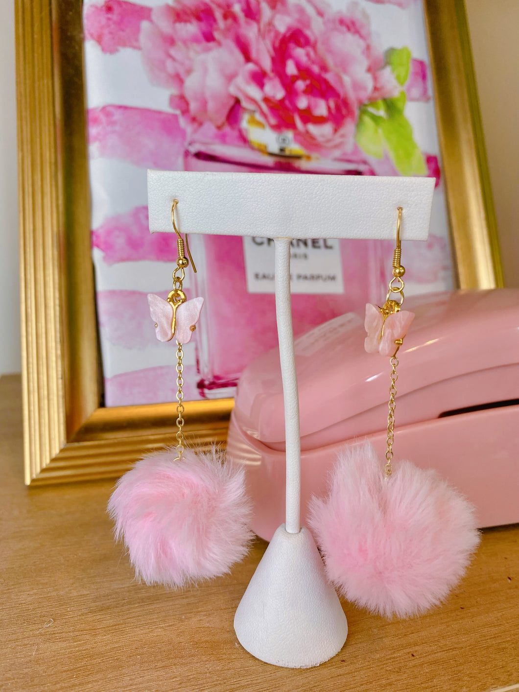 Butterfly Pom-Pom Earrings, Light Pink
